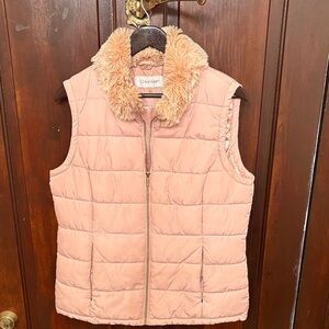 Calvin Klein Pink Quilted Vest with Faux Fur Collar